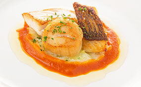 [魚料理]帆立貝と2種類の魚のポワレ　クーリー・ド・トマトのソース